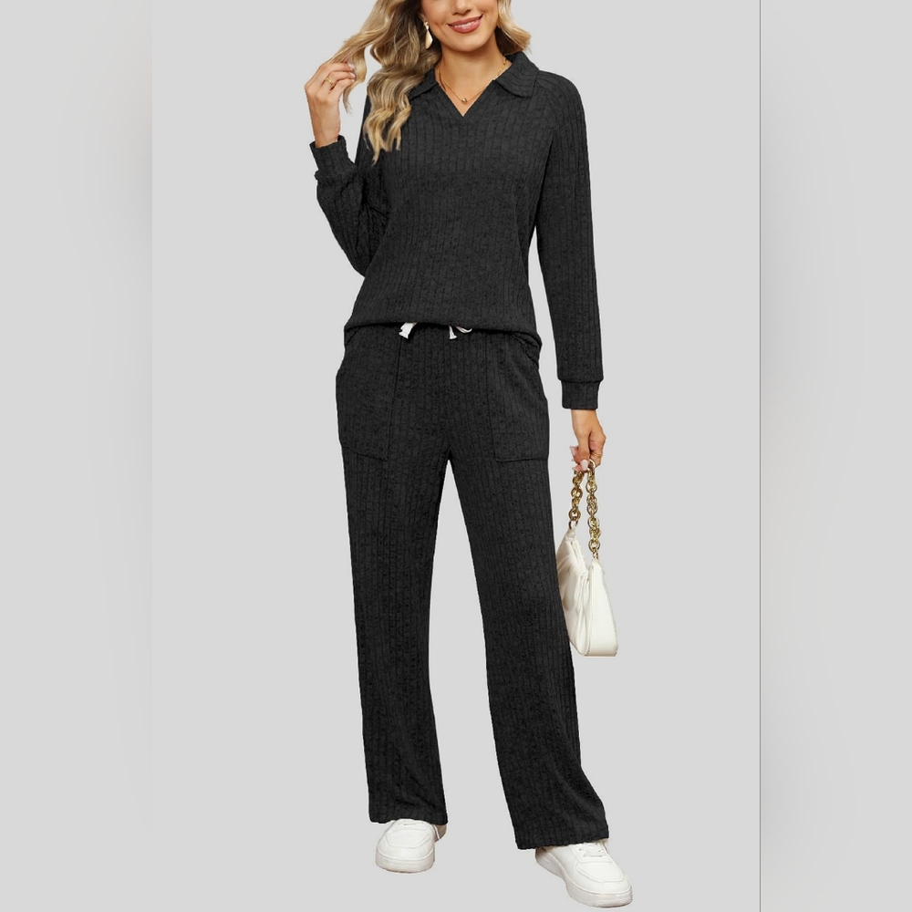 Elegant 2pc Black Ribbed Top And Pants Set for Women
